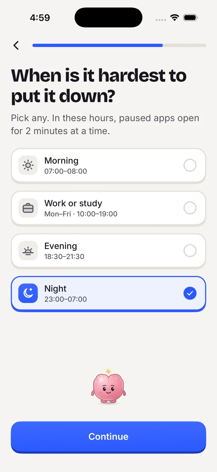 Besto’s quiet hours screen: Morning, Work or study, Evening and Night, with Night picked.
